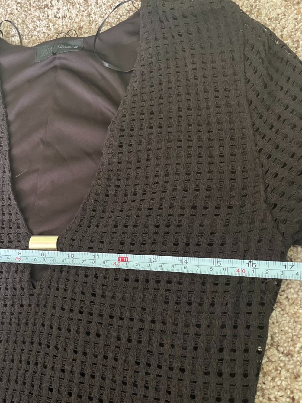 ZARA Crochet Midi Dress Brown Gold Hardware Long Sleeve XL NWT Summer Vacation - Picture 11 of 13